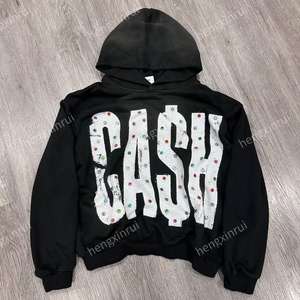 Sweat à capuche surdimensionné pour homme avec logo personnalisé, en molleton épais 450 GSM 100 % coton, imprimé 3D en relief avec strass, haute qualité - Product Image 2