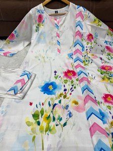 Lino Algodón Impreso Estilo vintage Hasta la rodilla Kurta Set Salwar Trabajo bordado dibujado a mano - Product Image 3