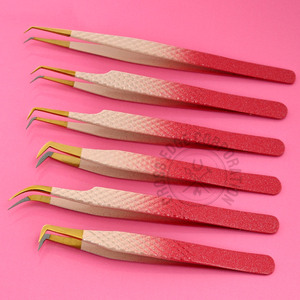 Aplicador de Pestañas Postizas al por Mayor, Pinzas Curvas Clásicas con Brillo Rosa Degradado, Juego de Pinzas de Acero Inoxidable con Punta de Fibra y Agarre de Diamante - Product Image 1