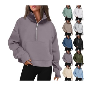 Sweat-shirt gris pour femme à demi-zip avec poches, col montant, manches longues, en polaire, coupe courte, design uni, idéal pour l'automne - Product Image 5