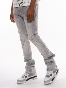 Mens Rhinestone Distressed Denim Jeans Skinny Denim Stacked Pants for Streetwear <strong>Wholesale</strong> ODM/OEM Supply Factory Monkey Wash - Product Image 5