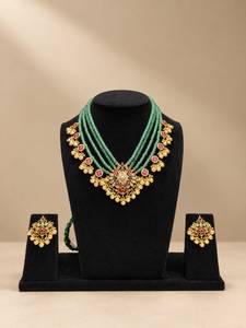 TISHYA DIAMOND Ethnic Gold Plated Alloy Wedding Necklace Earrings Set Green Beads Brilliant Cut Moissanite Trendy Women Jewelry - Product Image 1