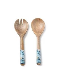 Serveur de salade en bois d'acacia de haute qualité fait à la main poignée antique recouverte d'argent cuillère four à micro-ondes sûr Design élégant - Product Image 2