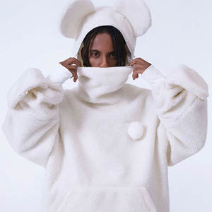 Low Moq Service Printed Pullover sherpa Hoodie with <b>Distressed</b> Design White <b>Balaclava</b> white Color Loose Fit Hooded Collar - Product Image 3