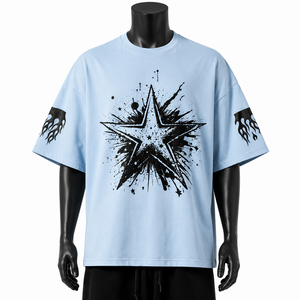 เสื้อยืดโอเวอร์ไซส์สีฟ้าอ่อนสำหรับผู้ชาย แขนสั้น คอกลม สไตล์สตรีท ผ้าคอตตอนเจอร์ซีย์ พิมพ์ลายกราฟิก - Product Image 1