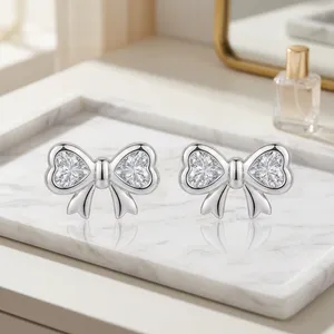 Lilaba Enterprise 18K White Gold Bow <b>Earrings</b> With Heart Cut Diamonds Women's <b>Cute</b> Everyday Wear Jewelry - Product Image 2