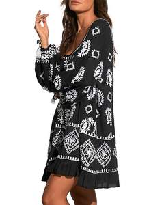 Impresionante Top de manga larga bordado de rayón 100% con puños con borlas y cuello redondo con volantes Características de talla grande - Product Image 4