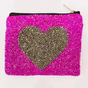 luxury Hand Embroidered Beaded Money Makeup Pouch Mini Coin Purse Quilted Purses with Zipper For Evening Party