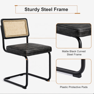 Buffalo Leather Industrial Modern Dining Chair with Rattan Back and Black Metal Frame | Cantilever Design - Product Image 4
