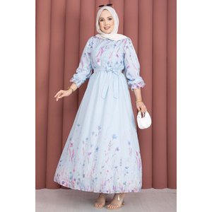 Vestido Casual de Lujo con Estampado Floral Azul Bebé, Cinturón y Botones Parciales, con Volantes hasta la Rodilla, Tallas XS-XXL, Transpirable, Natural, ODM para el Día a Día - Product Image 3