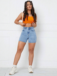 Shorts de Mezclilla Rectos de Cintura Media para Mujer, Casuales de Verano, Cierre con Botones, Lavado Claro, 100% Algodón, 400g, Bordado con Estampado Puff - Product Image 4