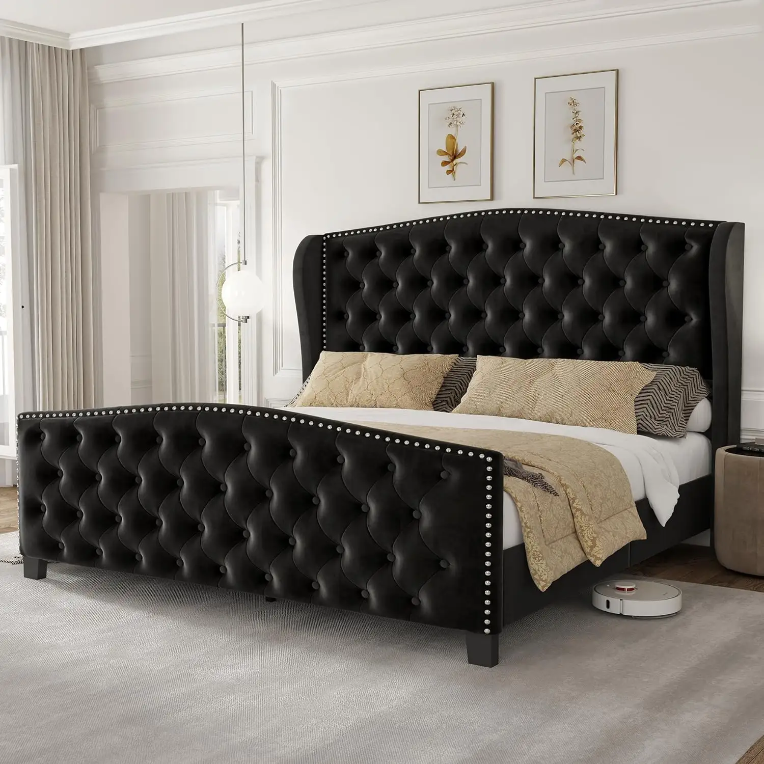 Modern Wooden Bed Frame High Headboard Tufted Buttons Full Size High Quality Furniture for Bedroom from Vietnam factory