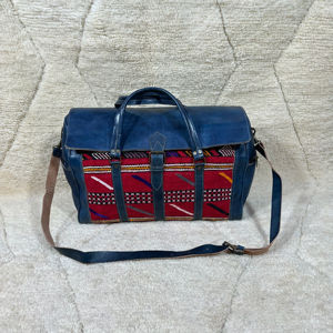 Moroccan Kilim <b>Duffle</b> <b>Bag</b> for Women and <b>Men</b> Genuine <b>Leather</b> Bohemian Style Outdoor Use with Zipper Closure - Product Image 1
