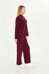 ชุดเสื้อสเวตเตอร์และกางเกง2ชิ้นสำหรับผู้หญิงชุดเสื้อถักแขนยาวเอวยางยืดชุดเสื้อถักขากว้างมีสไตล์ - Product Image 4