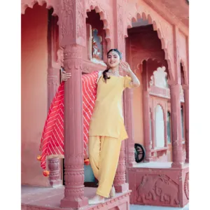 Ensemble Patiala jaune moutarde pour femme, décontracté, contemporain, en tricot de coton et dentelle, taille XL XXL 2XL, longueur cheville, pour l'été et le bureau - Product Image 4