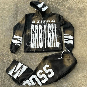 Conjunto de chándal de invierno desgastado Unisex con lavado ácido de etiqueta privada High Street Hoodie Joggers Patchwork Logo 2 piezas de alta visibilidad - Product Image 3