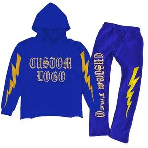 Survêtement de jogging en polaire imprimé bouffant deux pièces unisexe en gros Ensemble de survêtements d'hiver personnalisable ourlet brut à bord coupé à capuche solide - Product Image 2