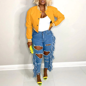 Chaqueta universitaria bordada de moda gruesa de Invierno para mujer Chaquetas universitarias personalizadas para mujer chaqueta de lana parche de chenilla Color amarillo - Product Image 3