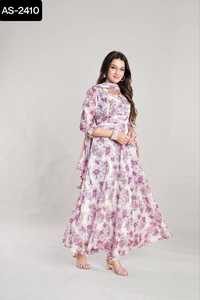 Ropa étnica india Georgette Maxi vestidos y Dupatta con trabajo de impresión digital Listo para usar Vestidos Estilo Kurtis Set para mujeres - Product Image 5