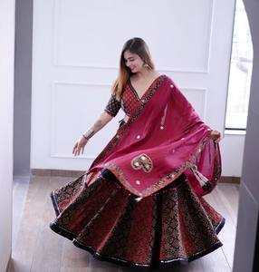 Totalmente cosido Tussar hoja de seda trabajo étnico moda Lehnga conjunto estilo largo hermoso modelo bodas incluye blusa Dupatta vestido - Product Image 3