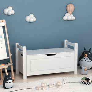 Grande Contenitore Portaoggetti Bianco per Bambini in Legno di Gomma con Coperchio Ribaltabile e Cerniera di Sicurezza per Cameretta e Sala Giochi AL1256 - Product Image 1