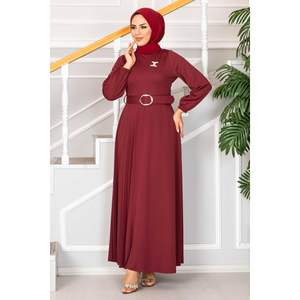 Asmara <b>Burgundy</b> <b>Belted</b> Hijab Dress Modest Style with Pattern Decoration - Product Image 5