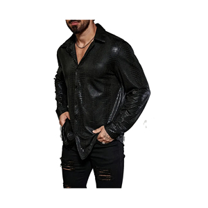Streetwear Baggy noir décontracté pour hommes Chemise en cuir respirant solide tricoté Satin de haute qualité personnalisé à manches longues sans col - Product Image 1