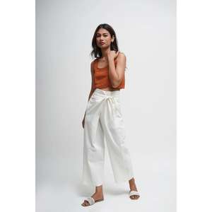 Women White Cotton Floor-Length Gothic Floral <b>Wrap</b> Pants High Waist Tie up Wide Leg <b>Trousers</b> Casual Summer Wear - Product Image 2