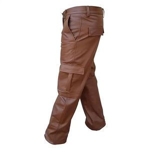 Pantalon cargo en cuir véritable pour homme avec taille moyenne et coupe régulière avec poches cargo et fermeture à glissière non tissée - Product Image 4