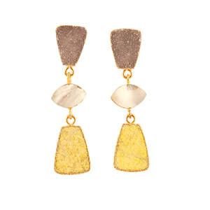 Boucles d'oreilles plates en or, pour femme, bijoux élégants, tendance, sucre naturel, druse et mère de perle, trois pierres, forme goutte, cadeau - Product Image 3