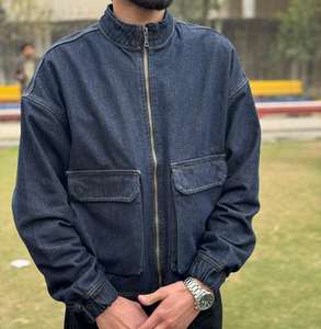 Veste en jean bleu uni pour homme avec fermeture éclair, streetwear décontracté - Product Image 3