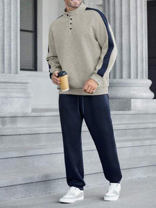 <b>Mens</b> Beige and <b>Navy</b> Blue Contrast Snap-Button Pullover Sweatshirt and Matching <b>Jogger</b> Pants Tracksuit OEM ODM Wholesale Apparel - Product Image 2
