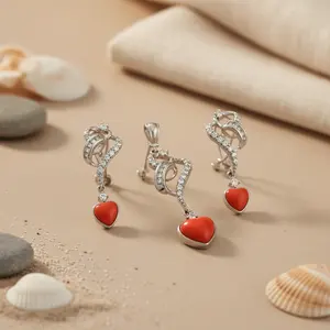 Conjunto de Collar y Aretes con Colgante de Corazón Plateado con Gema de Coral, Circonita y Perla para Bodas, Fiestas o Regalos, Joyería Fina para Novias - Product Image 3