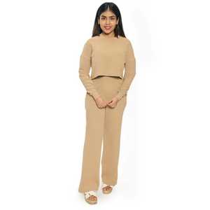 ชุดเสื้อและกางเกงสองชิ้นถักแขนยาวผ้าโพลีเอสเตอร์ผสม - Product Image 1