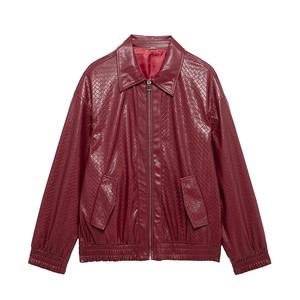 Veste en cuir à manches longues avec col style moto Manteau en cuir pour femmes Automne Nouvelle fermeture éclair Décoration pour femmes Imitation - Product Image 1