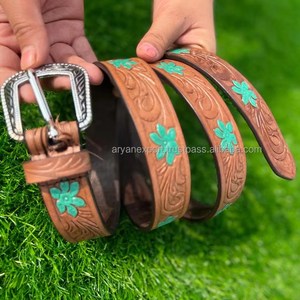 Cinturón de cuentas de cuero de vaca occidental hecho a medida de calidad superior con diseño de fabricante de cinturones florales de cuero genuino - Product Image 2