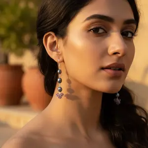 Boucles d'oreilles pendantes en argent 925 avec perle et améthyste, cadeau pour femme - Product Image 2