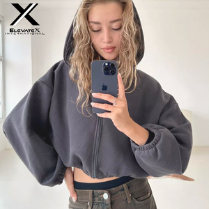 Sudadera con capucha corta rosa para mujer ELEVATEX INTERNATIONAL, con cremallera completa, mangas abullonadas, forro polar, estilo casual para otoño - Product Image 2