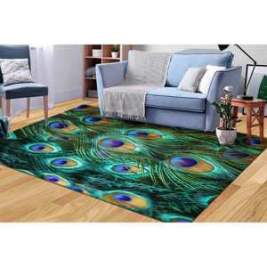 Tapis imprimé : Tapis moderne coloré à motif de plumes de paon, vert, pour intérieur, chambre d'enfant ou mariage, avec poils doux - Product Image 1