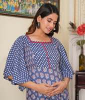 Robe Anarkali de maternité 2 pièces en rayonne extensible, gris, brodée et à imprimé floral, pour femme, avec col carré et manches évasées