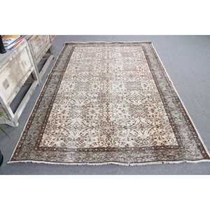 5.8x8.5 ft Vintage Rug, Turkish Large Rug, <b>Brown</b> Gray Bordered <b>Wool</b> Rug - Product Image 3