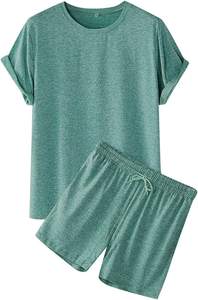 Conjunto deportivo informal de verano para hombre, camiseta y pantalones cortos de manga corta de punto de algodón 100% transpirable, conjunto sólido de 2 piezas - Product Image 2