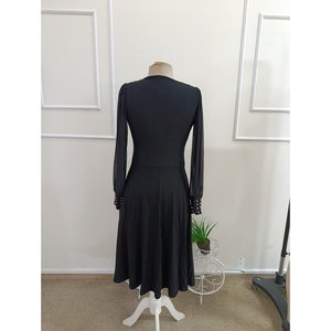 Robe mi-longue en viscose pour femme, à manches longues, col enroulé, avec détails de manches en tulle et embellissements en perles, 37461 - Noir - Product Image 6