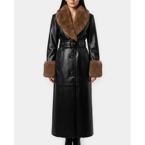 Wholesale Supplier Womens Winter Long <b>Leather</b> <b>Trench</b> <b>Coat</b> with Faux Fur Trim Collar Cuffs Belted Black <b>Coat</b> With Customization - Product Image 2