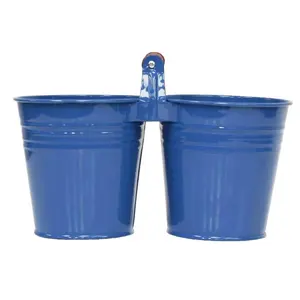 Hand Made Indian Supplies Cheap bulk blue round Galvanized Iron Pot Planter with attached handle for Home and garden decoration