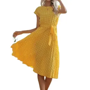 Robe plissée sans manches à pois pour femme, col carré, taille naturelle, fermeture éclair, grande taille, pour le bureau et le quotidien, XS OEM/ODM - Product Image 1