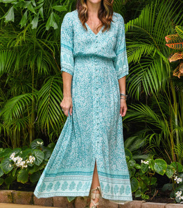 Bohème rayonne imprimé mi-longueur Maxi robe femmes attrayant col en v manches longues tissé bouton plage vacances motif à la mode - Product Image 1