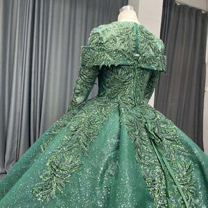 Robe de soirée longue ANY267, à sequins, à manches longues, motif en dentelle verte, pour soirée de gala - Product Image 5
