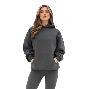 Custom Printed 50% Cotton 50% Polyester Khaki <b>Grey</b> Womens Oversized Hoodie Pullover Streetwear Drop Shoulder Relaxed Fit Badge - Product Image 1