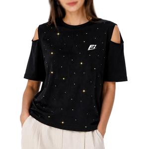 Women's Cold Shoulder <b>Rhinestone</b> T Shirt Short Sleeve Round Neck Relaxed Fit Casual Fashion <b>Top</b> Custom Logo Tee women's shirt - Product Image 1